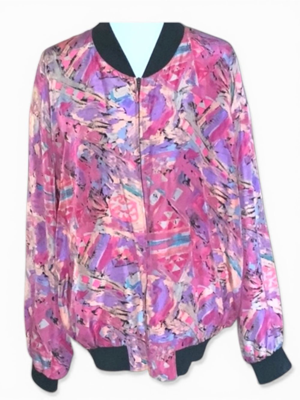 Vintage 100% Silk Bomber Jacket Colorful Abstract 80-90s Lightweight Zip Blouson